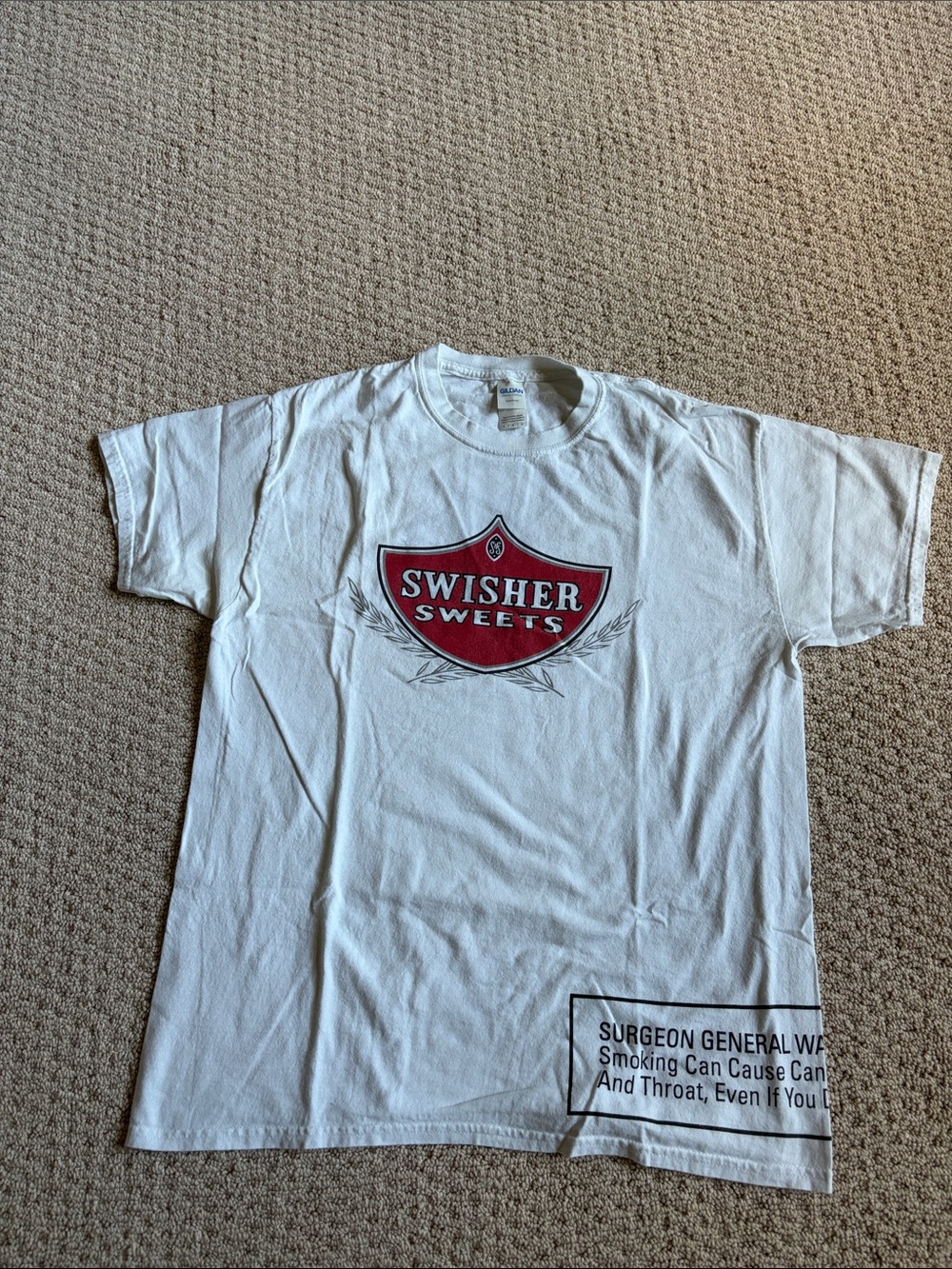 Gildan White Tee with Red Swisher Sweets Shield Graphic